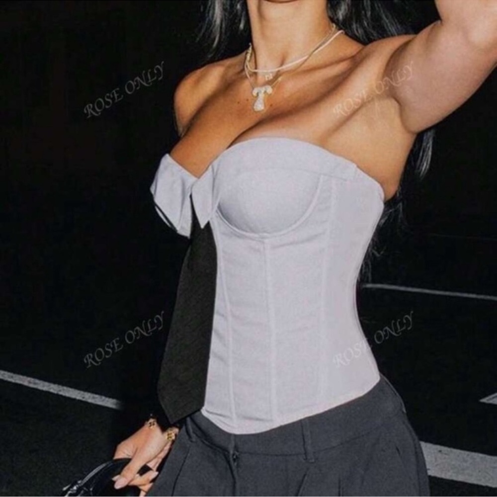 Y2K Vintage Strapless Corset Boned Lace-Up Back Bodyshaper Crop Bandeau Top - Picture 2 of 4